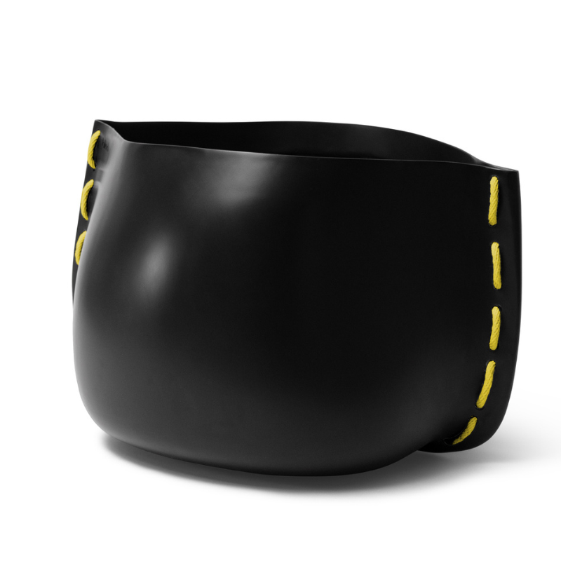 Blinde Stitch 100 concrete planter in Graphite finish with yellow stitched accent detail