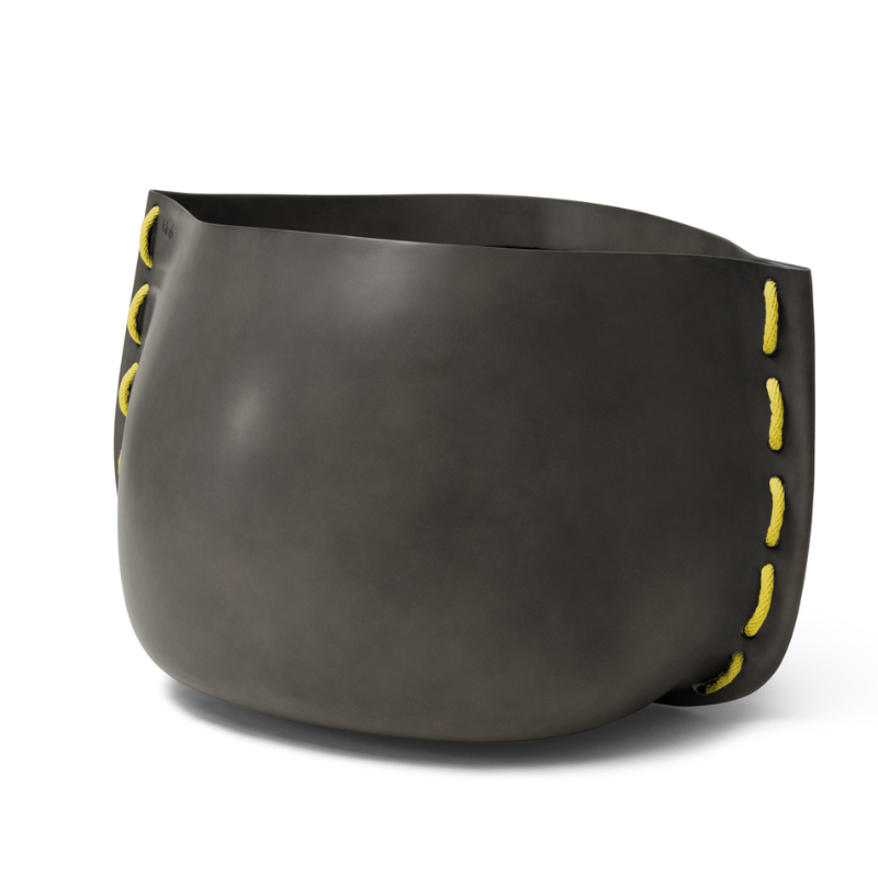 Blinde Stitch 100 concrete planter in Natural finish with yellow stitched accent detail