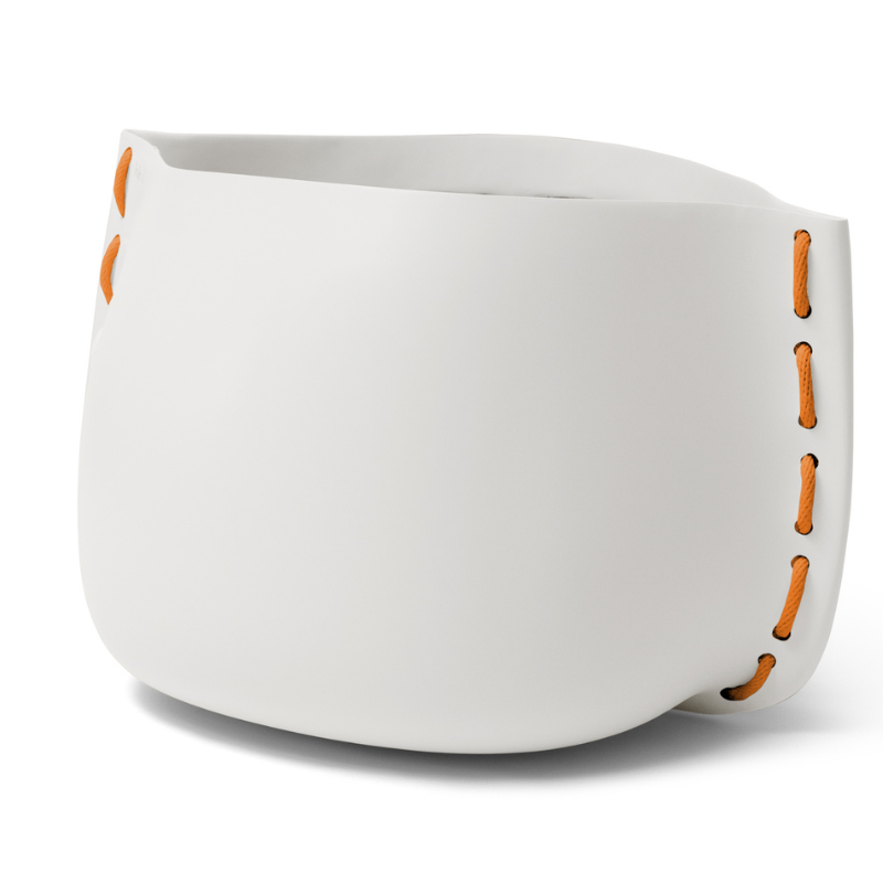 Blinde Stitch 125 white concrete planter with orange stitched accent detail