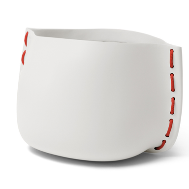Blinde Stitch 125 white concrete planter with red stitched accent detail