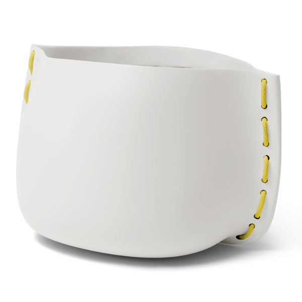 Blinde Stitch 125 white concrete planter with yellow stitched accent detail