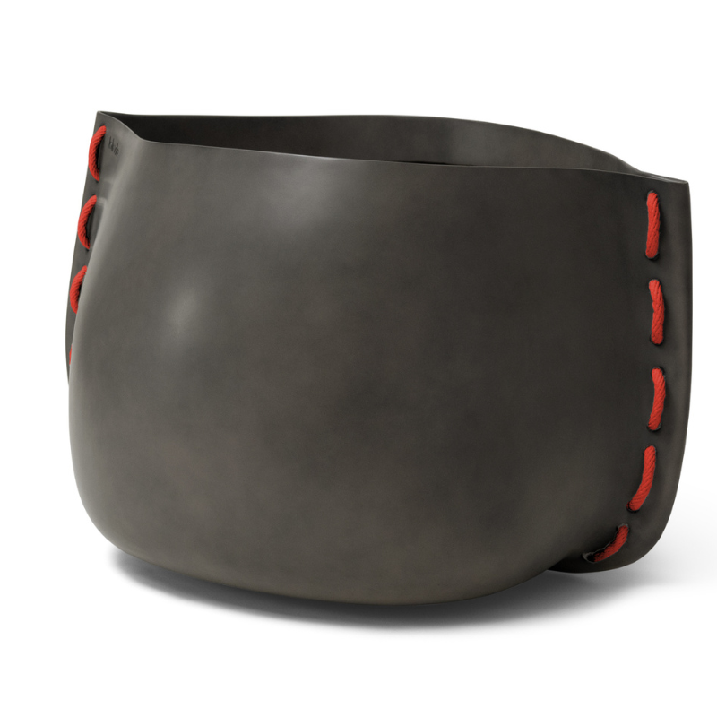 Blinde Stitch 125 brown concrete planter with red stitched accent detail