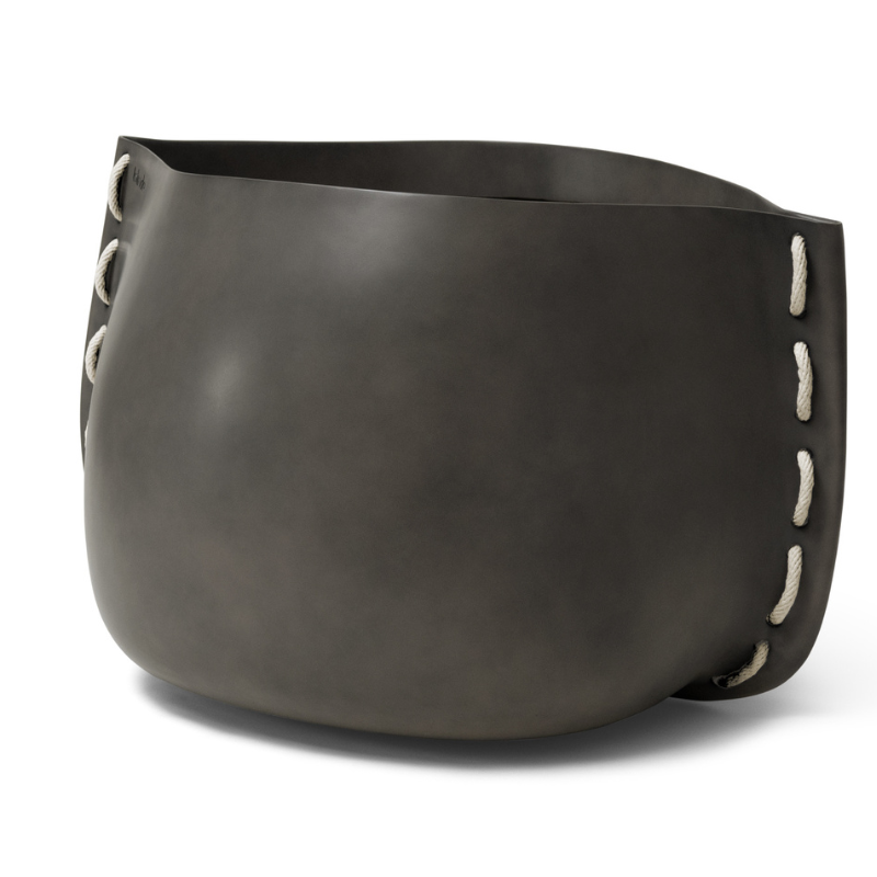 Blinde Stitch 125 brown concrete planter with white stitched accent detail
