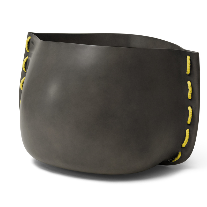 Blinde Stitch 125 brown concrete planter with yellow stitched accent detail