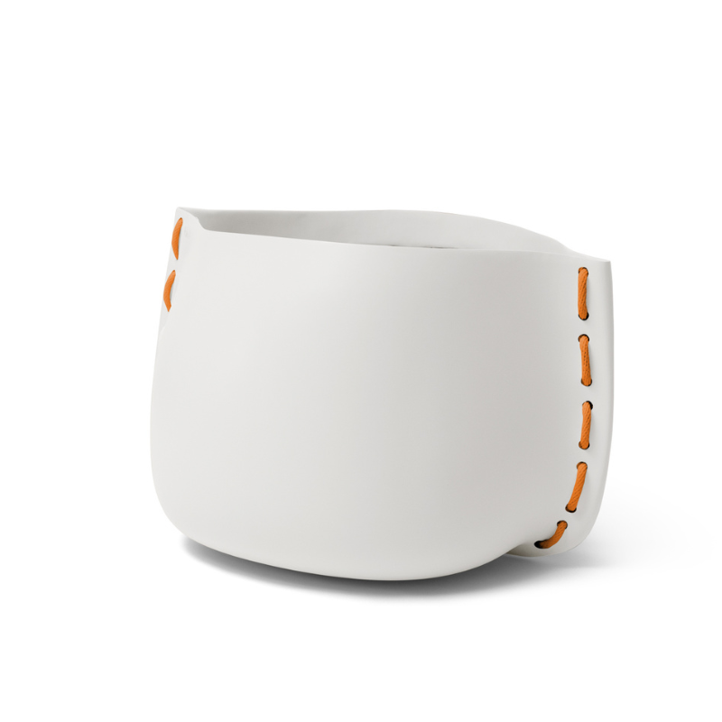 Blinde Stitch 50 concrete planter in bone colour with orange stitched rope detailing