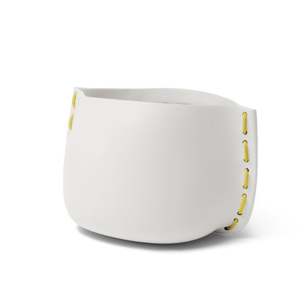 Blinde Stitch 50 concrete planter in bone colour with yellow stitched rope detailing