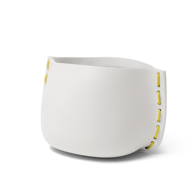 Blinde Stitch 50 concrete planter in bone colour with yellow stitched rope detailing