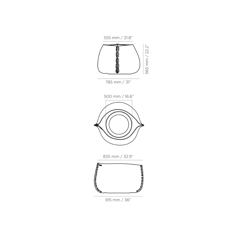Dimension diagram for the Blinde Stitch 50 concrete planter showing height, width, and top view measurements in millimeters and inches