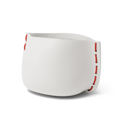 Blinde Stitch 75 concrete planter in bone finish with red stitched accent detail