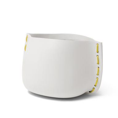 Blinde Stitch 75 concrete planter in bone finish with yellow stitched accent detail
