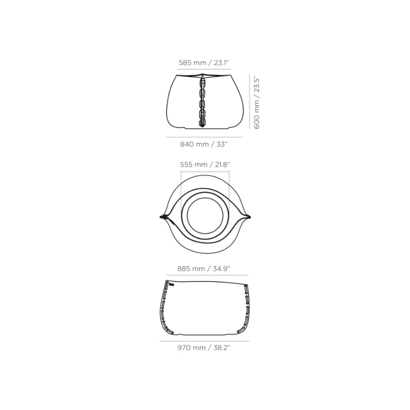 Dimension diagram of the Blinde Stitch 75 concrete planter showing height, width, and top view measurements in millimeters and inches