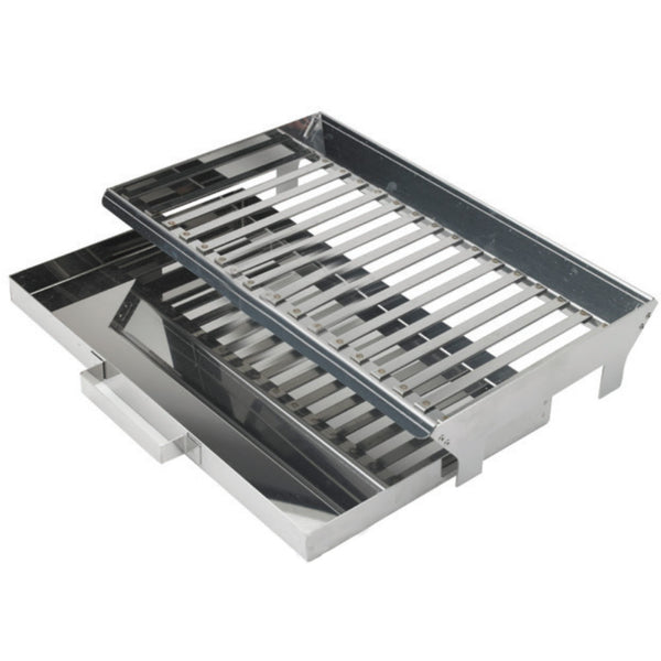 Buschbeck 18 inch cast iron fire grate with stainless steel ash pan for outdoor fireplaces