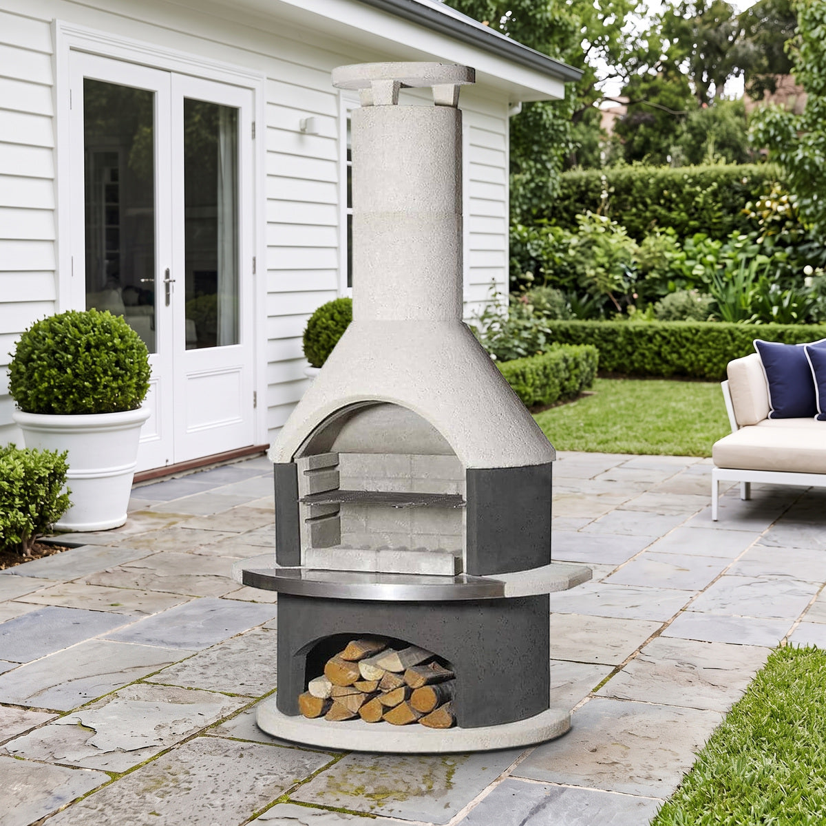 Buschbeck Rondo 3-in-1 outdoor fireplace, BBQ and pizza oven in Grey with stainless steel shelf insert, on a bluestone terrace beside a white weatherboard home