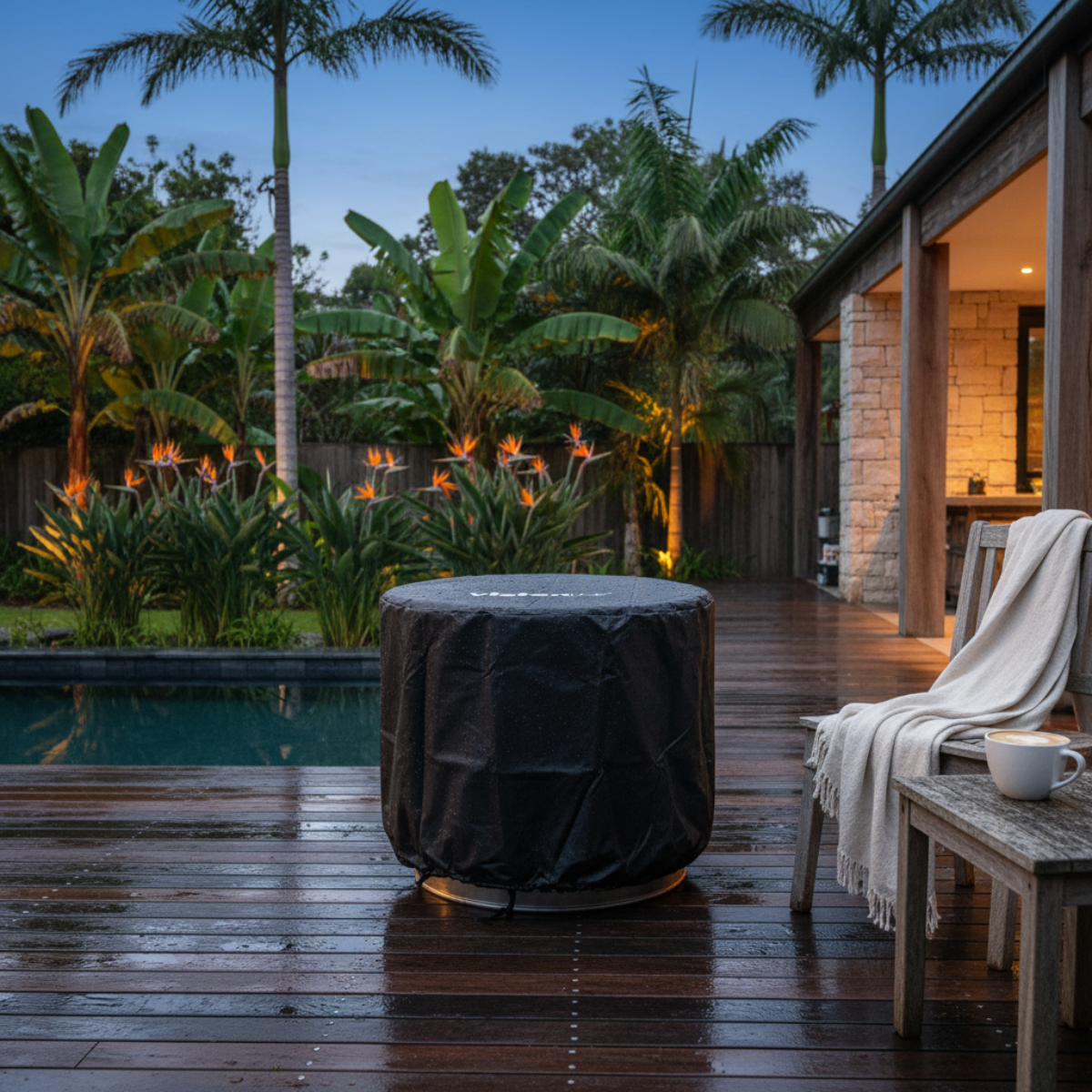 Buy VisionLINE Fire Pit Cover shown on a round fire pit beside a pool and timber deck, with tropical garden plants, outdoor seating, and a light throw nearby.