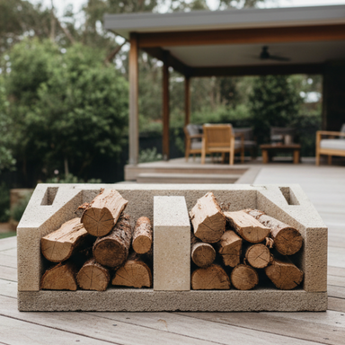 Ochre Living Log Store Accessories displayed on a timber deck, featuring a concrete log storage unit holding split firewood, set in a modern outdoor living space with seating area behind