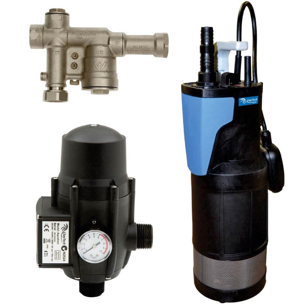 ClayTech Bluediver C30 submersible pump with AcquaSaver valve, pressure controller and float