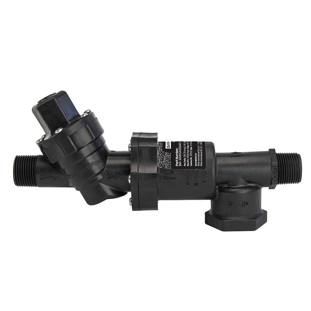 Black Rainsaver MK6 changeover valve with threaded inlet and outlet and a side port marked pump