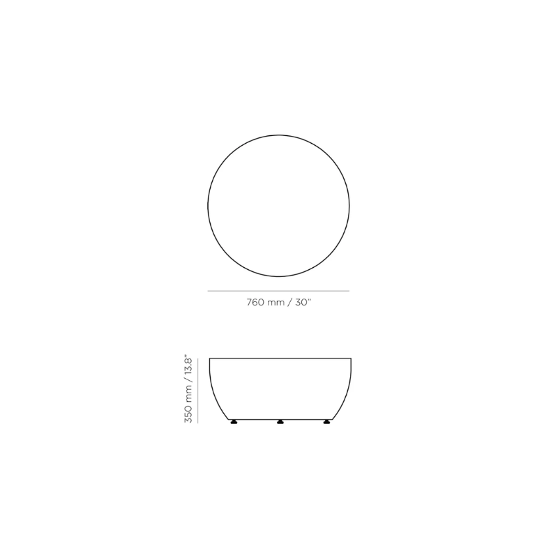 Technical dimensions diagram of Curv 30 round coffee table showing 760 mm diameter and 350 mm height