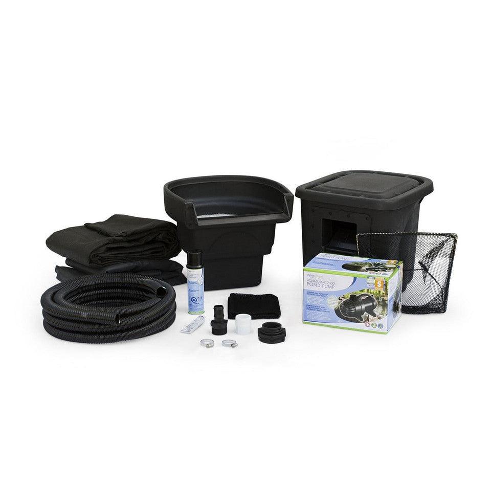 Aquascape DIY Backyard Pond Kit contents: pond skimmer, BioFalls biological filter, EcoWave pump, EPDM liner, underlay, flexible pipe and fittings