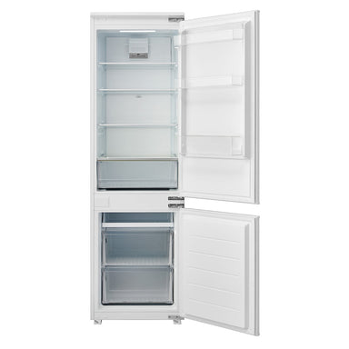 Husky 266L Integrated Kitchen Fridge and Freezer, both doors open showing glass shelves, crisper and bottom freezer drawers