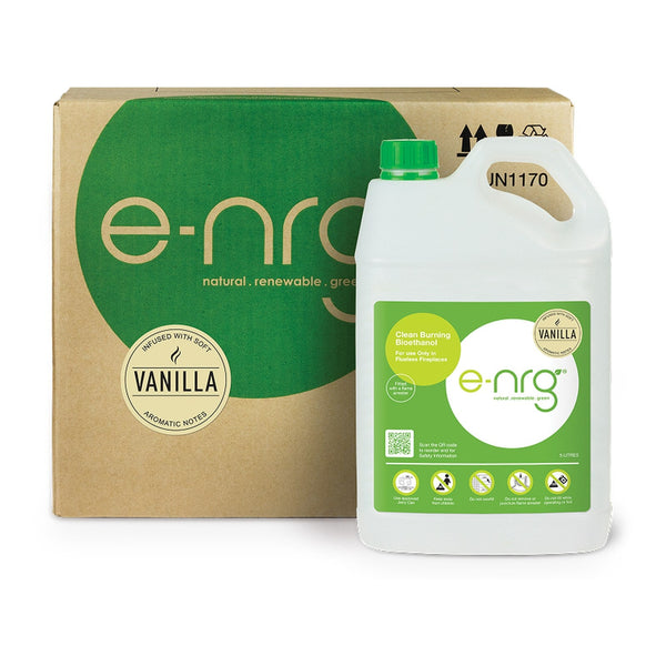 e-NRG vanilla bioethanol carton and 5 litre bottle with the infused with soft vanilla aromatic notes badge