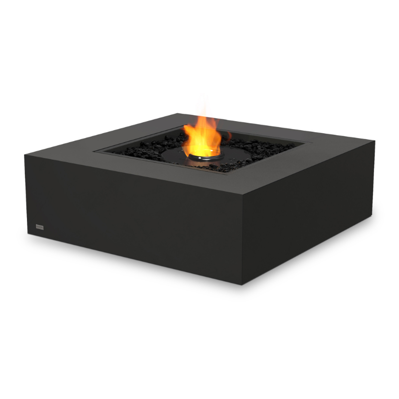 Angled view of black EcoSmart Base 40 square fire table with central flame feature