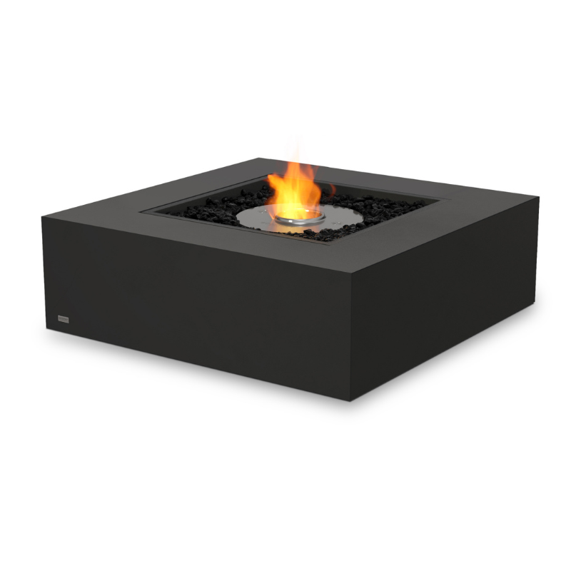 Square black EcoSmart Base 40 fire table with central flame burner and decorative stones
