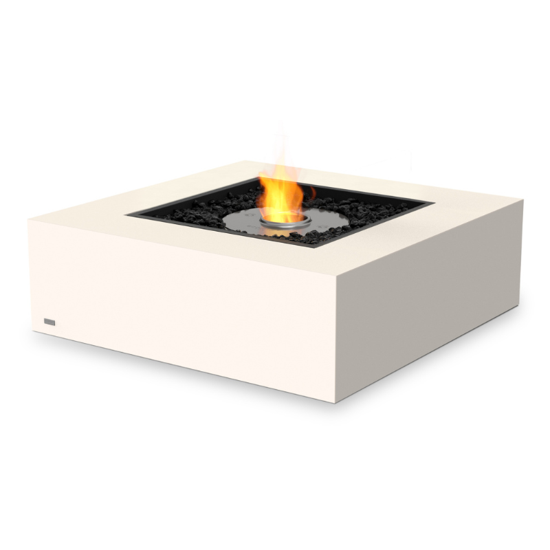 EcoSmart Base 40 square fire table in bone finish and stainless steel vurner with central flame burner and black glass media