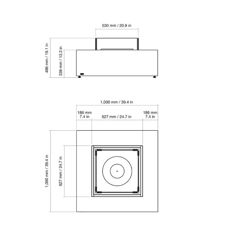 Technical dimensions diagram of EcoSmart Base 40 square fire table showing measurements and layout