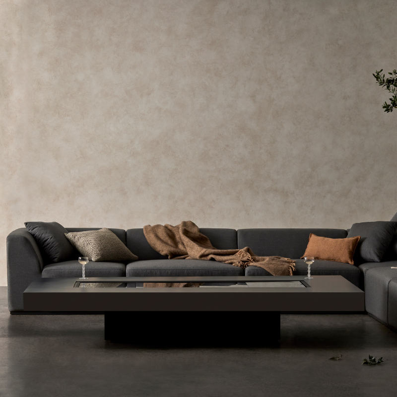 EcoSmart Cover Plate L65 on luxury indoor fire table with modern lounge setting