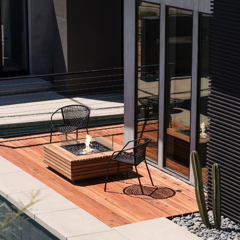 EcoSmart Fire Base 40 teak fire table with black burner on modern deck, ecosmart fire table base 40 outdoor tables and fireplaces