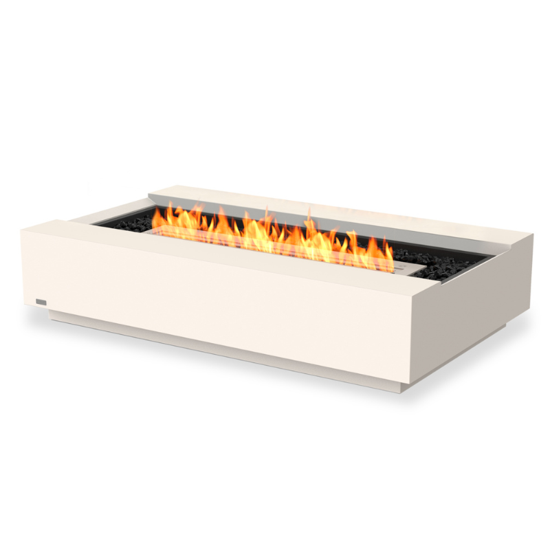 EcoSmart Cosmo 50 fire table in Bone concrete with a Stainless Steel XL9 burner and live flame.