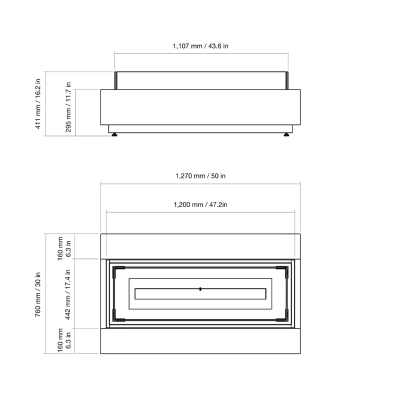 Technical dimensions diagram of the EcoSmart Cosmo 50 fire table showing length, width and height.