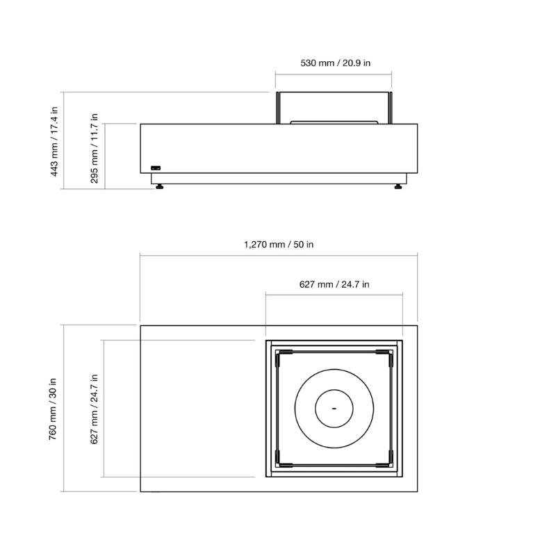 EcoSmart Manhattan 50 fire table dimensions diagram showing length, width and height for installation planning.