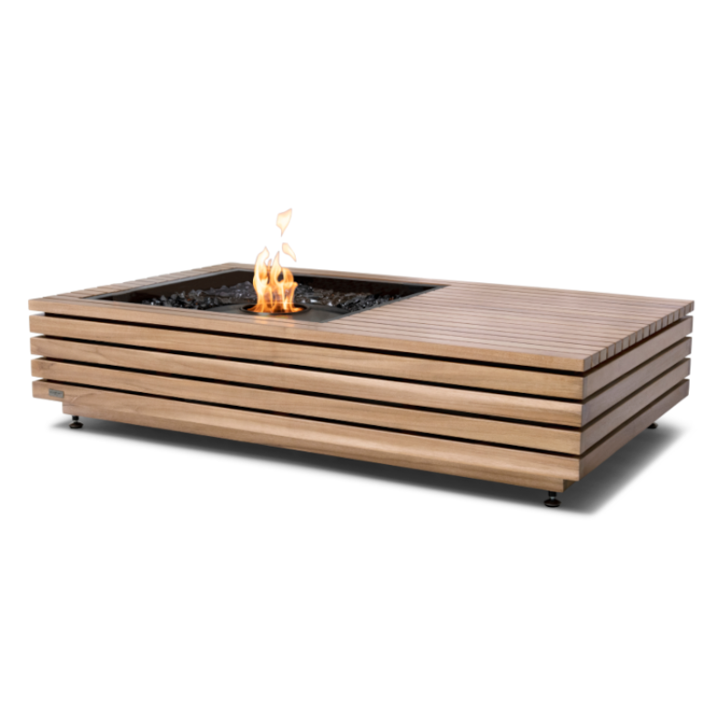 EcoSmart Manhattan 50 fire table in FSC Teak with a Black burner surround and black glass charcoal media.