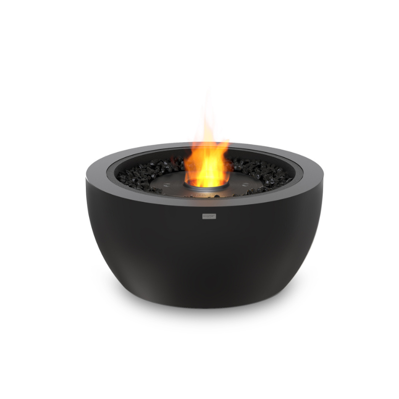 EcoSmart Pod 30 Fire Pit in Graphite Fluid concrete with Black burner, product shot with clean flame.