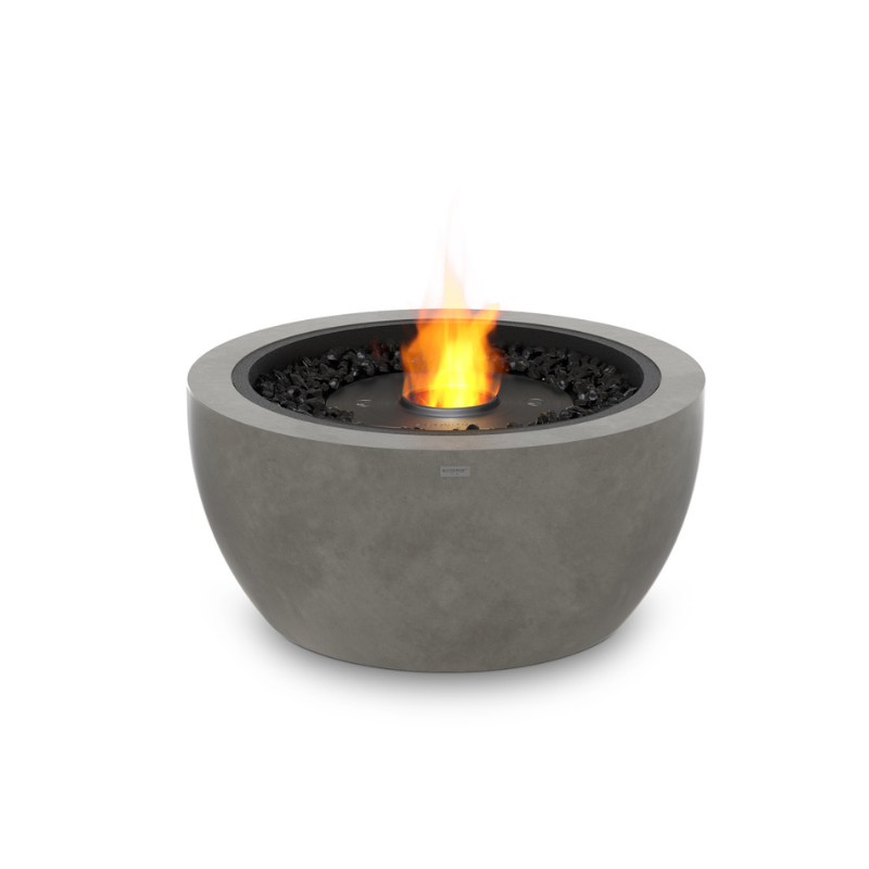 EcoSmart Pod 30 Fire Pit in Natural Fluid concrete bowl with clean burning flame.