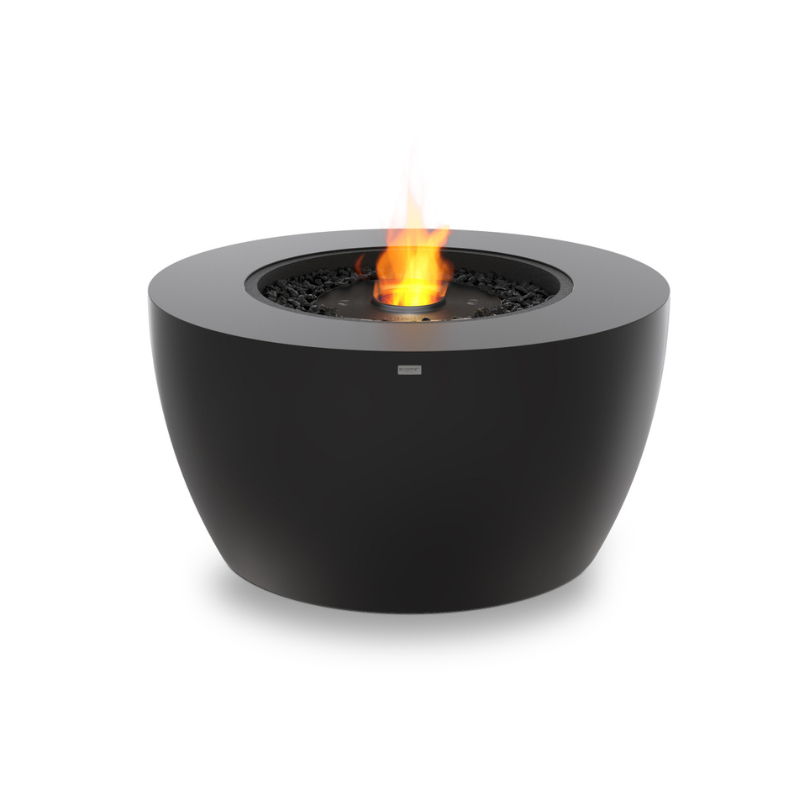 EcoSmart Pod 40 Fire Pit in Graphite Fluid concrete with Black burner, modern round fire pit product shot.