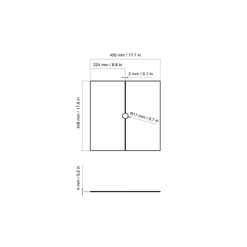 EcoSmart Fire S18 Fire Screen dimensions diagram showing 450 mm width, 448 mm height, and 4 mm thickness. Fireplace safety screen accessory.