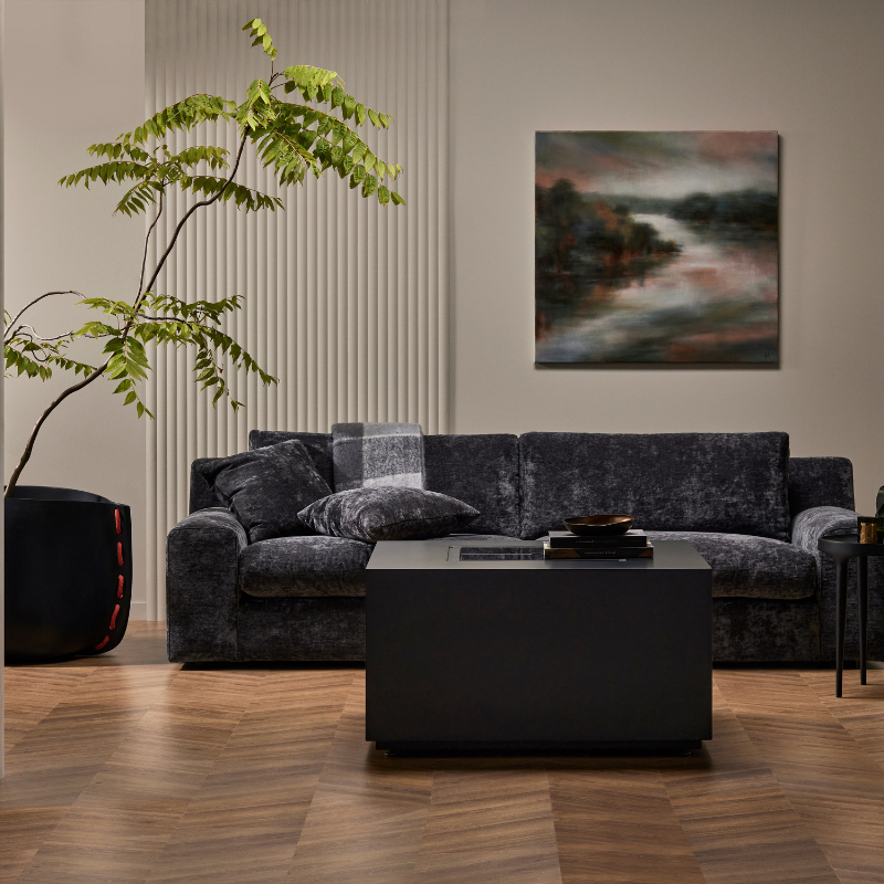 EcoSmart Fire S18 fire screen on modern indoor fire table in luxury living room
