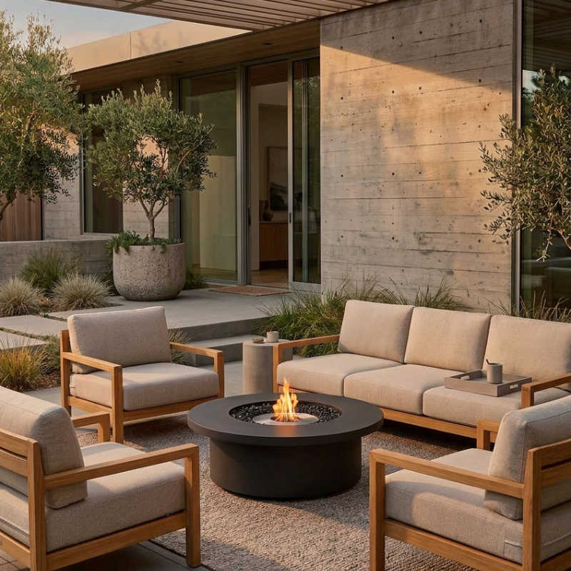 EcoSmart Mimosa 40 in Graphite Fluid concrete amid timber-framed outdoor sofas on a paved terrace, with a live flame.