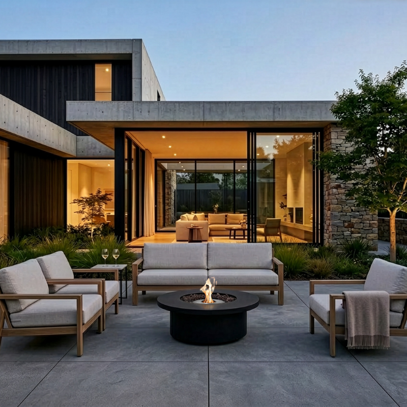 EcoSmart Mimosa 40 in Graphite on a concrete patio at dusk, surrounded by light grey armchairs in front of a contemporary glass-walled home.