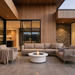 EcoSmart Mimosa 40 in Bone Fluid concrete in a minimalist concrete courtyard with beige upholstered outdoor seating.