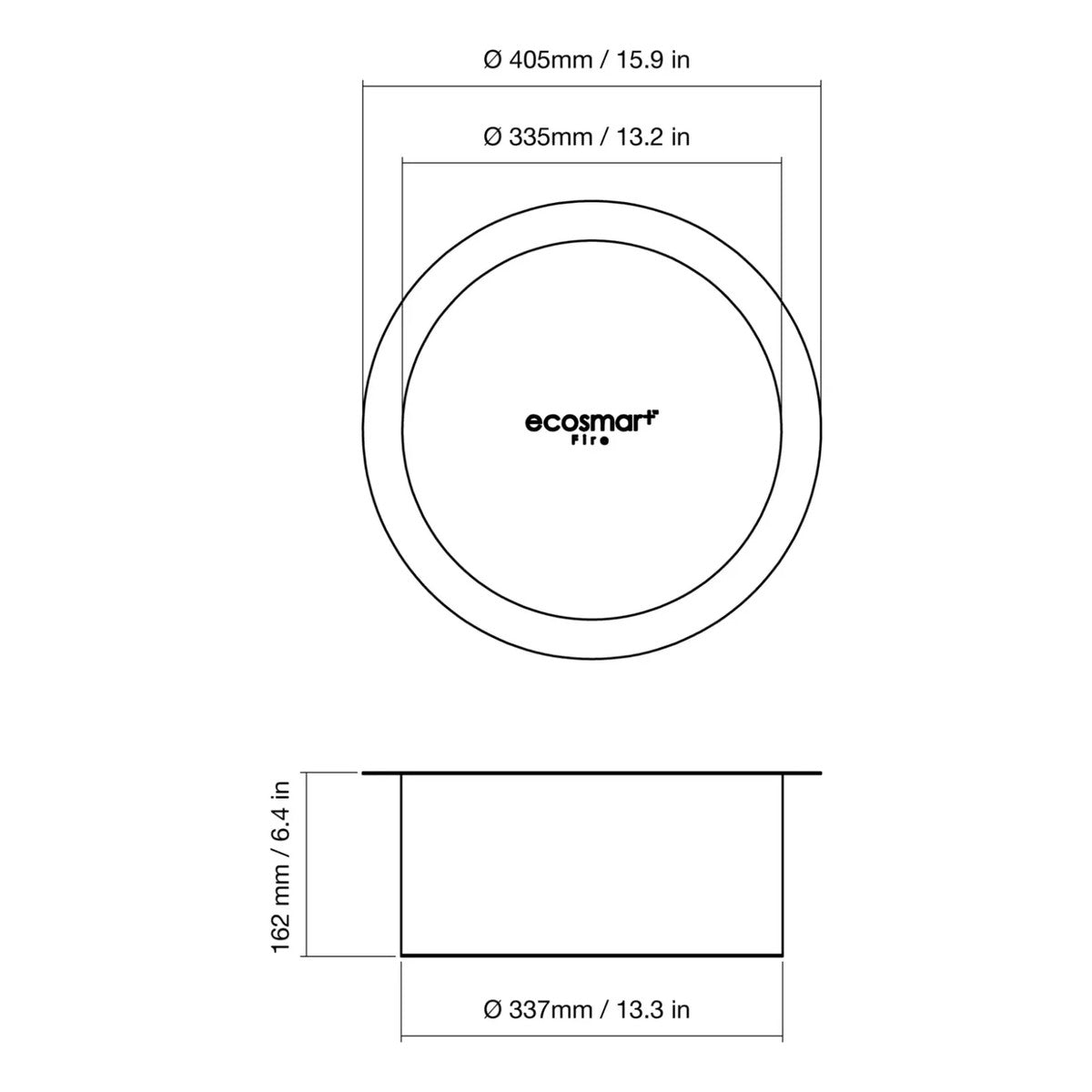 AB8 Indoor Safety Tray dimensions diagram, 405mm outer diameter and 162mm depth