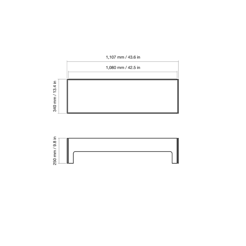 EcoSmart L50 Fire Screen L1080 dimensions diagram showing linear fire screen measurements and size