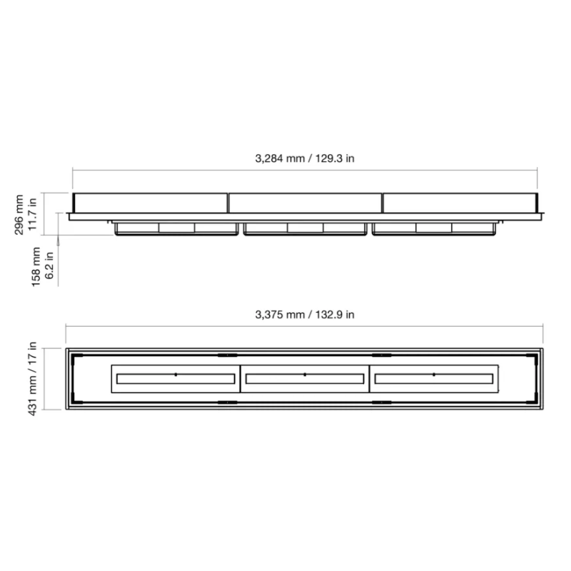 Dimensions drawing of the EcoSmart Linear 130 Fire Pit Kit, showing measurements of the fire pit's length, width, and height.