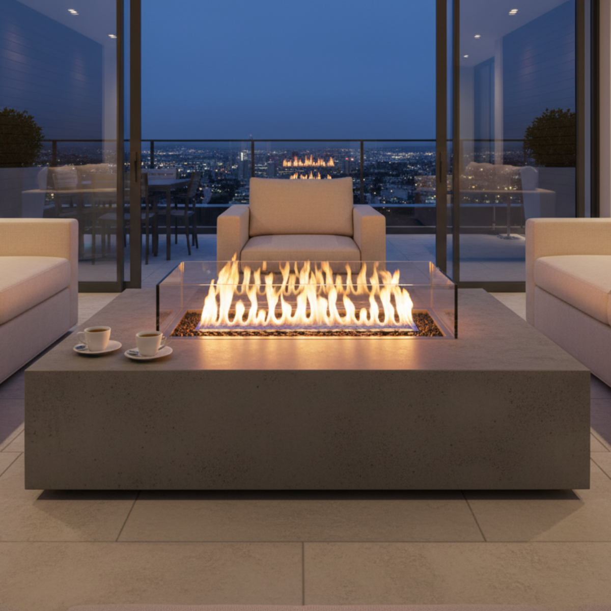 EcoSmart Linear 130 Fire Pit Kit used as the centerpiece of an upscale dining setup, with flames rising from the fire pit surrounded by fine dining plates and glassware.