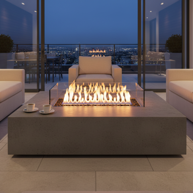 EcoSmart Linear 130 Fire Pit Kit used as the centerpiece of an upscale dining setup, with flames rising from the fire pit surrounded by fine dining plates and glassware.