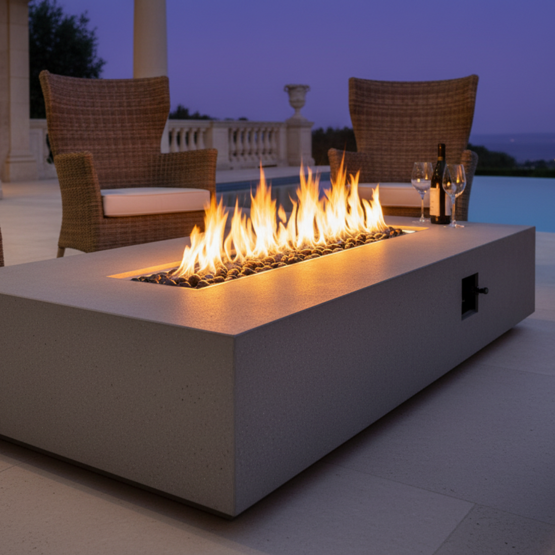 EcoSmart Linear 130 Fire Pit Kit set in an elegant outdoor setting, with flames glowing above smooth stone pebbles, creating a cozy ambiance next to stylish chairs.