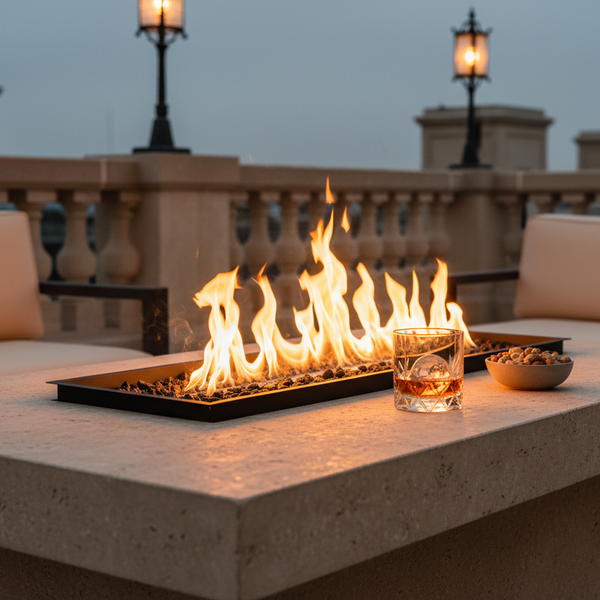 EcoSmart Linear 50 built into a stone benchtop on a balcony at dusk, a whisky glass beside the flame